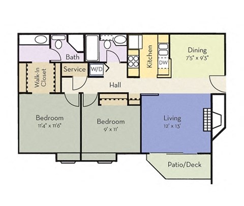 Floor plan for 2 beds, 2 baths, 920 sqft